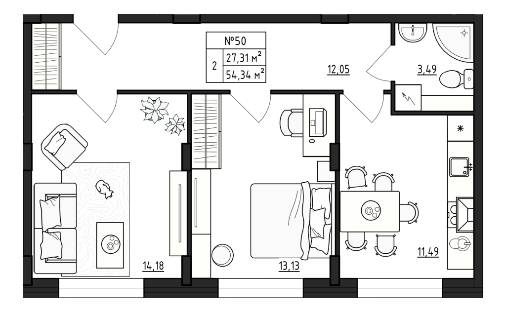 2-комнатная квартира, 54.33 м² - планировка, фото №1