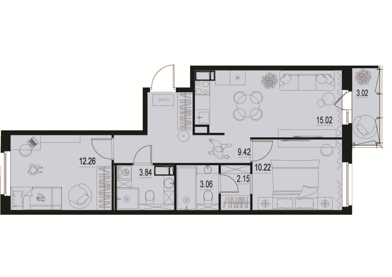 3-комнатная (Евро) квартира, 56.88 м² в ЖК "ID Murino III" - планировка, фото №1