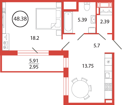 1-комнатная квартира, 48.38 м² в ЖК "Энфилд" - планировка, фото №1
