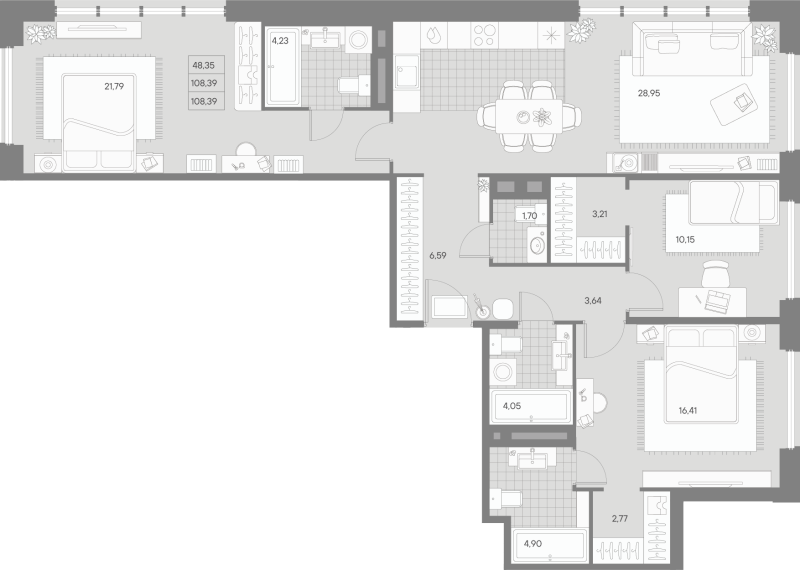 4-комнатная (Евро) квартира, 108.39 м² - планировка, фото №1