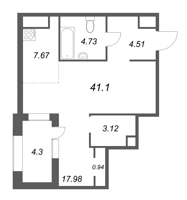 Квартира-студия, 41.1 м² в ЖК "Talento" - планировка, фото №1