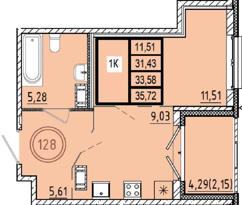 1-комнатная квартира, 31.43 м² в ЖК "Образцовый квартал 9.1" - планировка, фото №1