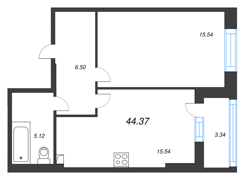 1-комнатная квартира, 45.8 м² в ЖК "Аквилон Ливз" - планировка, фото №1