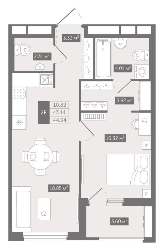 2-комнатная (Евро) квартира, 44.94 м² в ЖК "Квартал «Воронцовский»" - планировка, фото №1