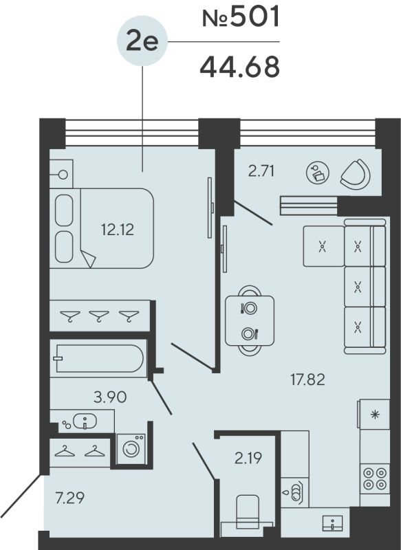 2-комнатная (Евро) квартира, 44.68 м² в ЖК "Bashni Element" - планировка, фото №1