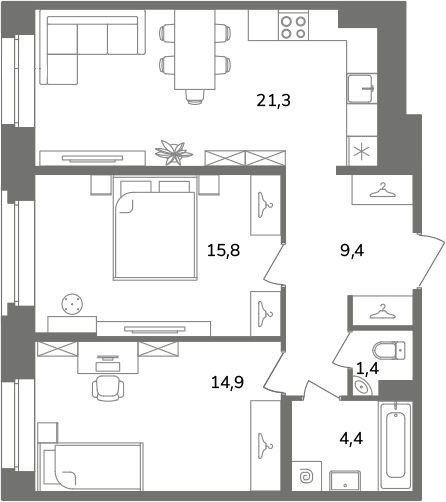 3-комнатная (Евро) квартира, 67.2 м² в ЖК "Антверпен" - планировка, фото №1