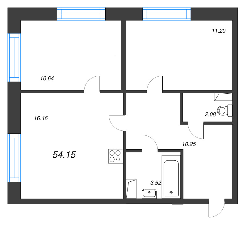 3-комнатная (Евро) квартира, 54.15 м² в ЖК "Остров Первых" - планировка, фото №1