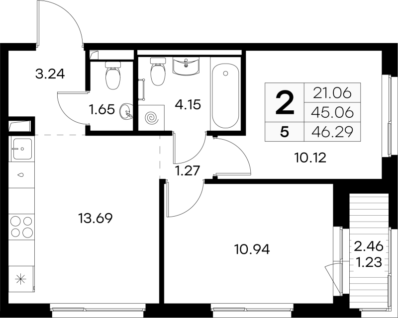 2-комнатная квартира, 46.29 м² в ЖК "GloraX Новоселье" - планировка, фото №1