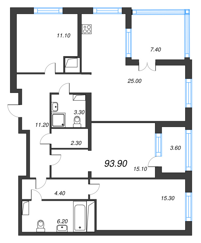 4-комнатная (Евро) квартира, 93.9 м² в ЖК "Струны" - планировка, фото №1