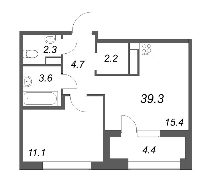 1-комнатная квартира, 39.3 м² - планировка, фото №1