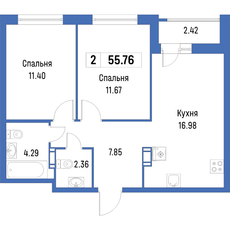 3-комнатная (Евро) квартира, 55.76 м² - планировка, фото №1