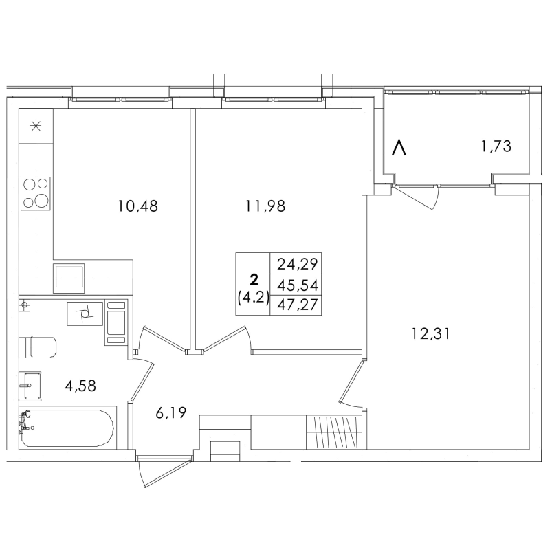 2-комнатная квартира, 47.27 м² - планировка, фото №1