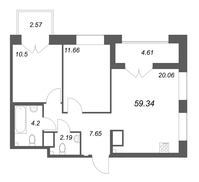 3-комнатная (Евро) квартира, 59.34 м² - планировка, фото №1