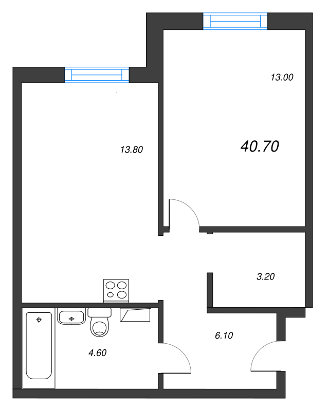 1-комнатная квартира, 40.7 м² - планировка, фото №1