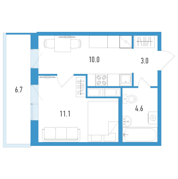 1-комнатная квартира, 30.7 м² - планировка, фото №1