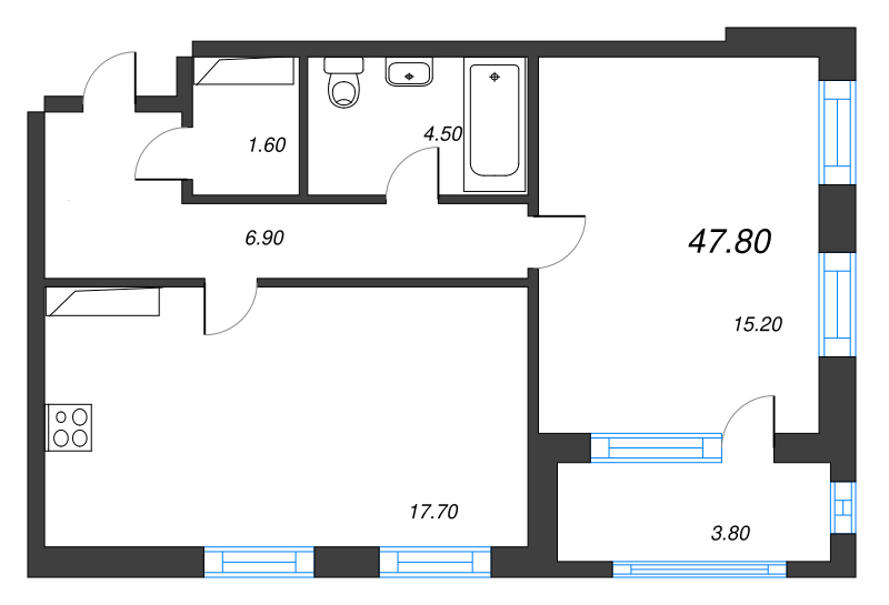 2-комнатная (Евро) квартира, 47.8 м² в ЖК "Тайм Сквер" - планировка, фото №1