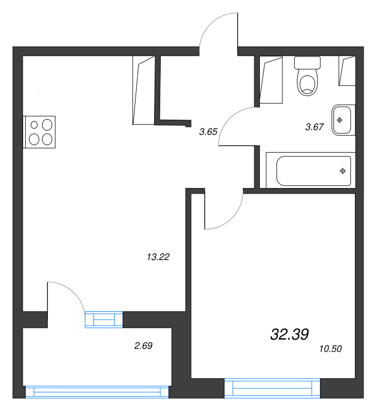 2-комнатная (Евро) квартира, 32.39 м² в ЖК "Кронунг Янино" - планировка, фото №1
