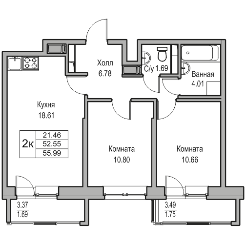 2-комнатная квартира, 56.3 м² в ЖК "Юнтолово" - планировка, фото №1