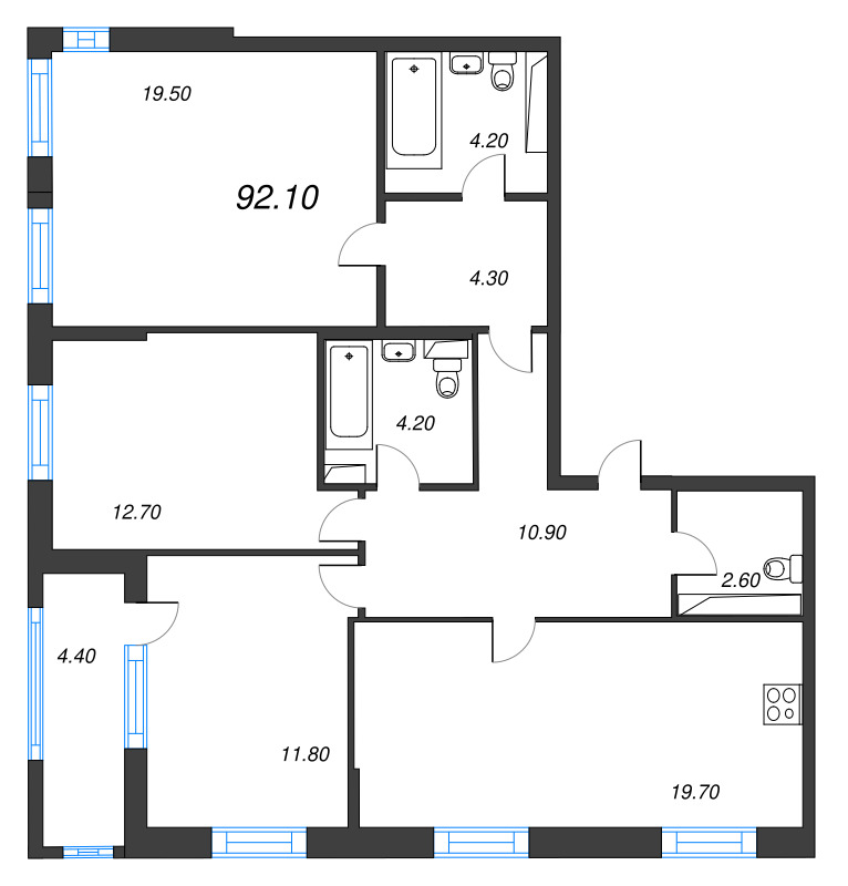 4-комнатная (Евро) квартира, 92.1 м² - планировка, фото №1