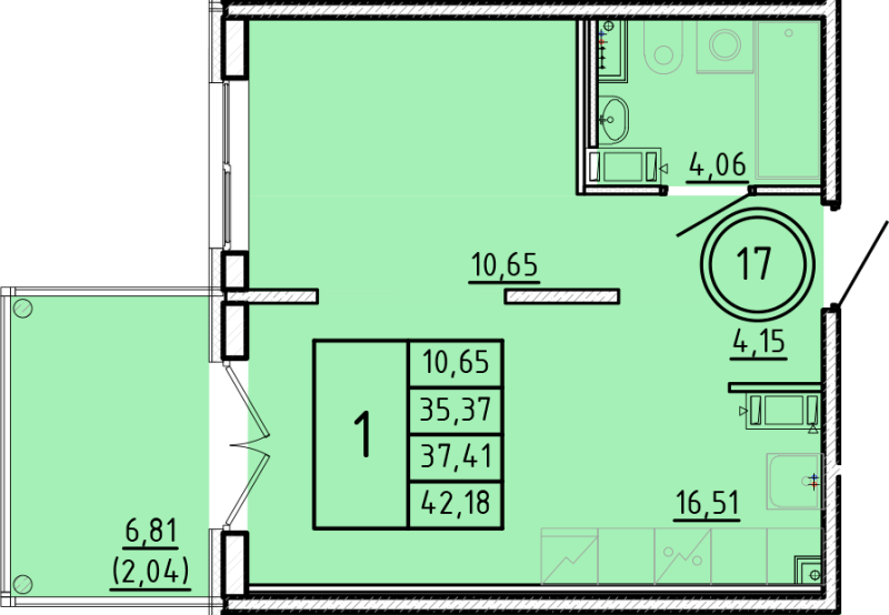 2-комнатная (Евро) квартира, 35.37 м² в ЖК "Образцовый квартал 16" - планировка, фото №1