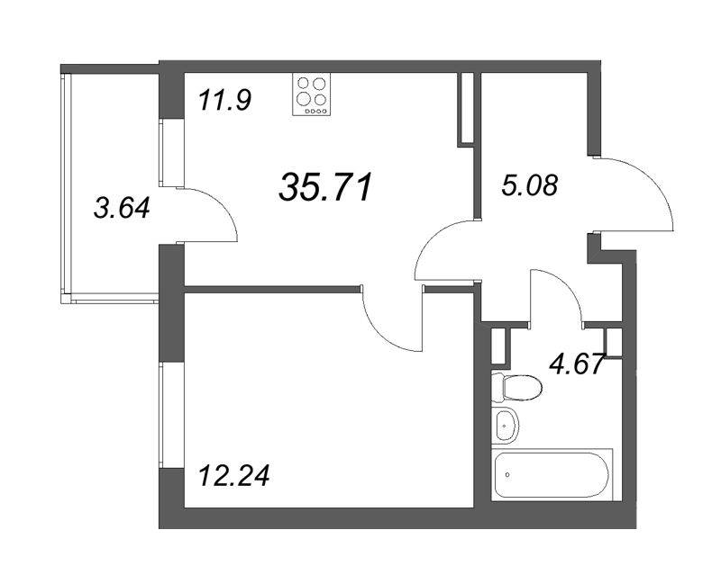 1-комнатная квартира, 35.71 м² в ЖК "Новая история" - планировка, фото №1