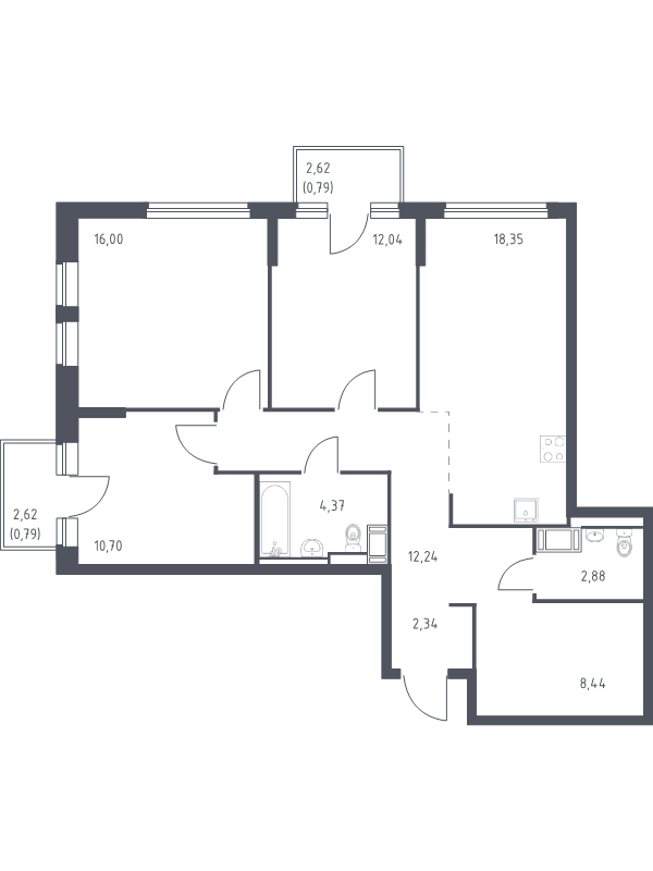 4-комнатная (Евро) квартира, 88.94 м² - планировка, фото №1