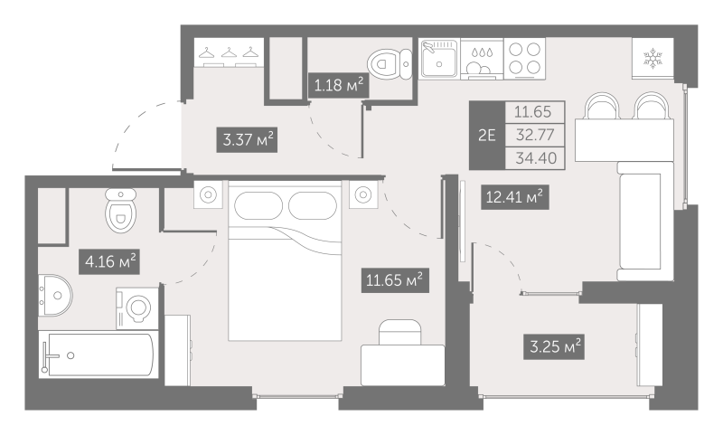 1-комнатная квартира, 34.4 м² - планировка, фото №1