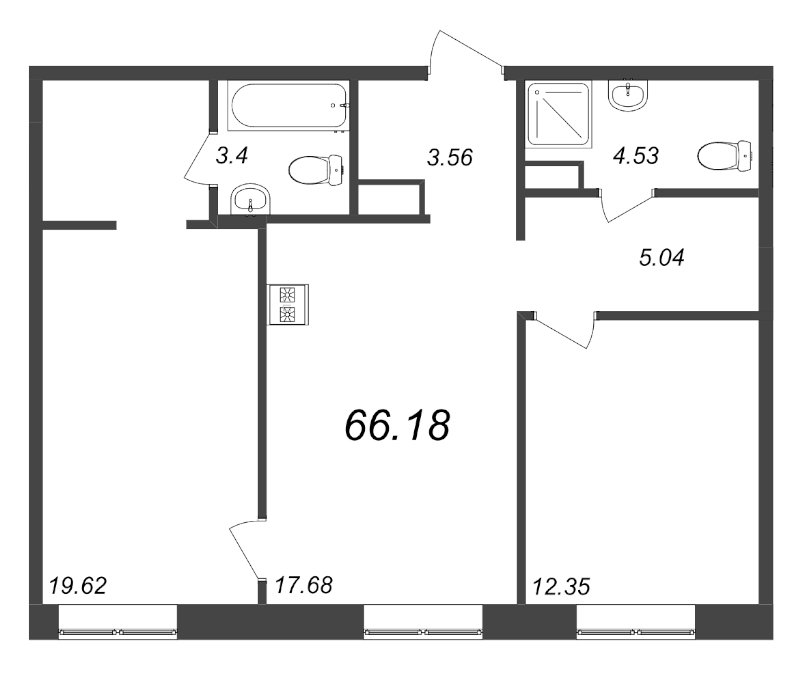 2-комнатная квартира, 66.18 м² - планировка, фото №1