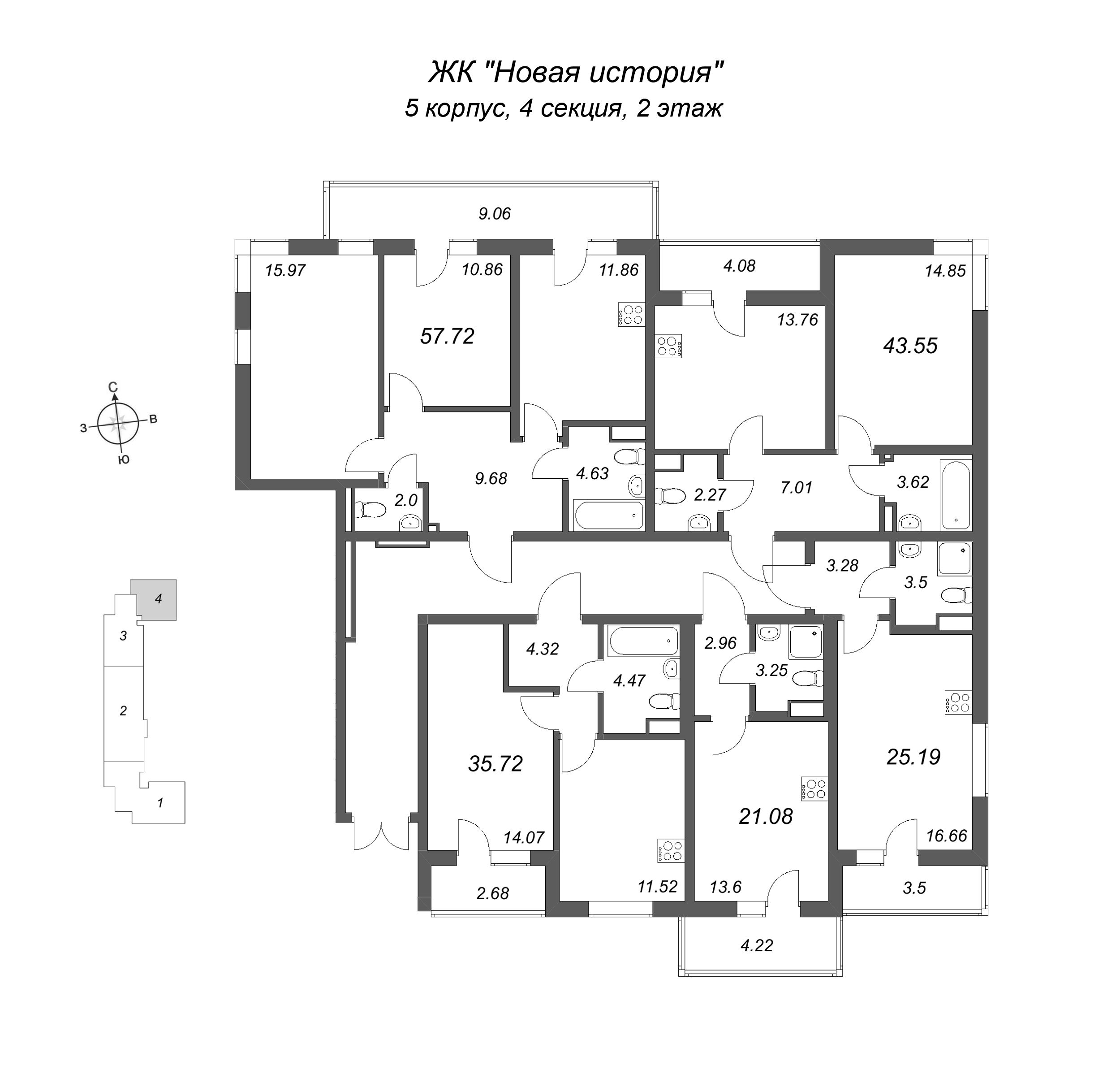 2-комнатная квартира, 57.72 м² в ЖК "Новая история" - планировка этажа