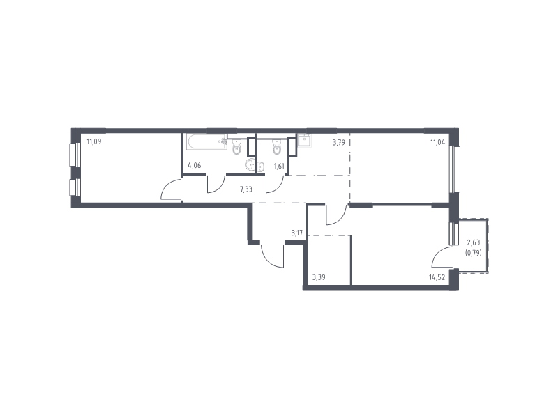 2-комнатная квартира, 60.79 м² - планировка, фото №1
