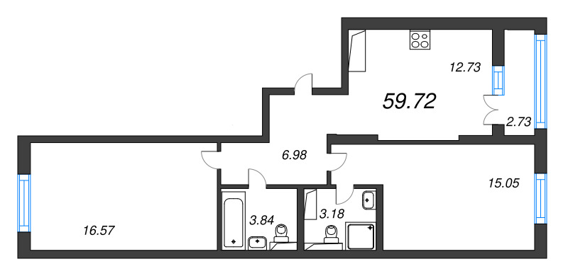 2-комнатная квартира, 59.72 м² в ЖК "Цивилизация на неве" - планировка, фото №1