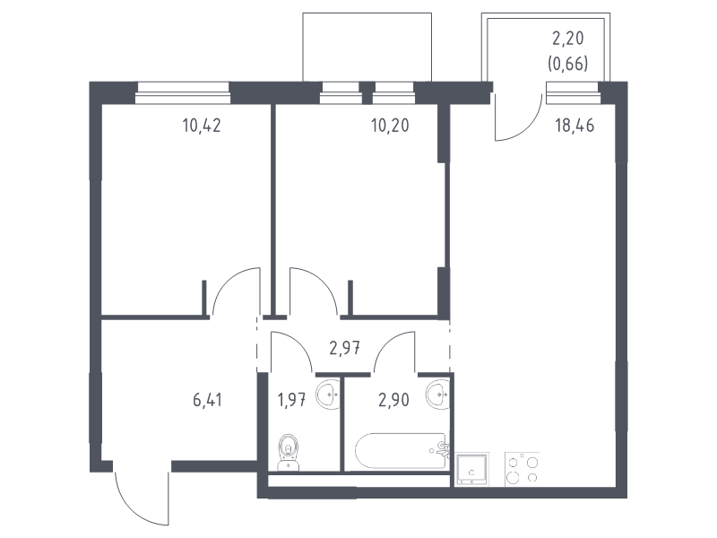 3-комнатная (Евро) квартира, 53.99 м² - планировка, фото №1