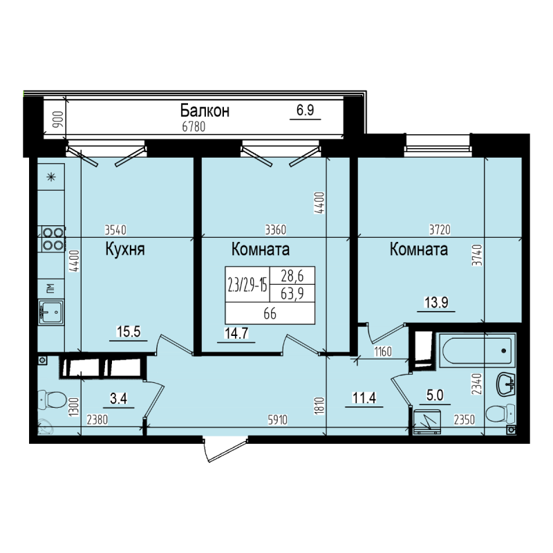 3-комнатная (Евро) квартира, 66 м² - планировка, фото №1
