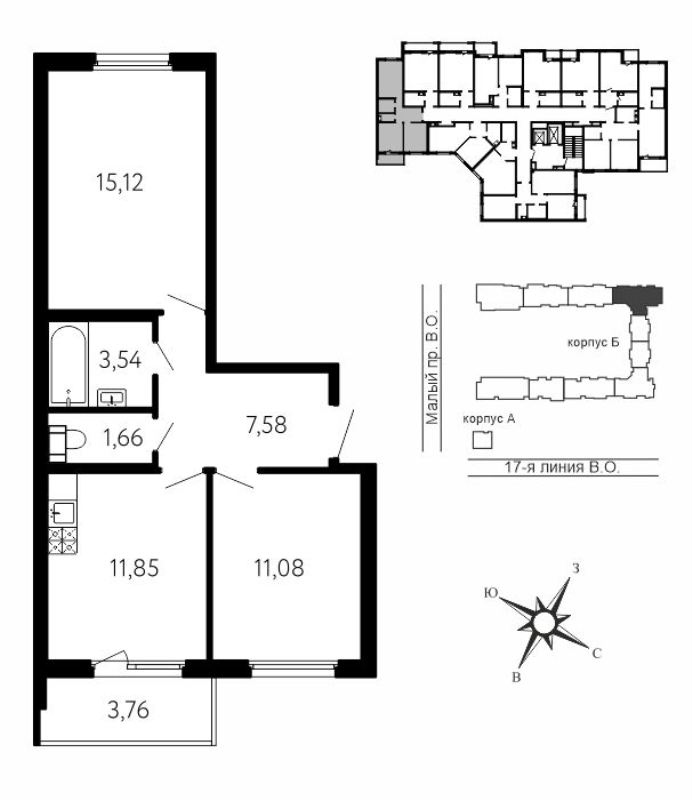 2-комнатная квартира, 51.96 м² в ЖК "17-я линия" - планировка, фото №1