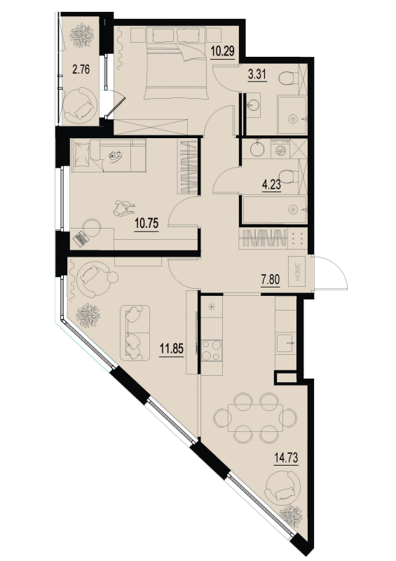 3-комнатная (Евро) квартира, 64.34 м² - планировка, фото №1