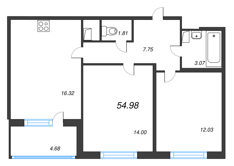 3-комнатная (Евро) квартира, 54.98 м² в ЖК "ЮгТаун" - планировка, фото №1