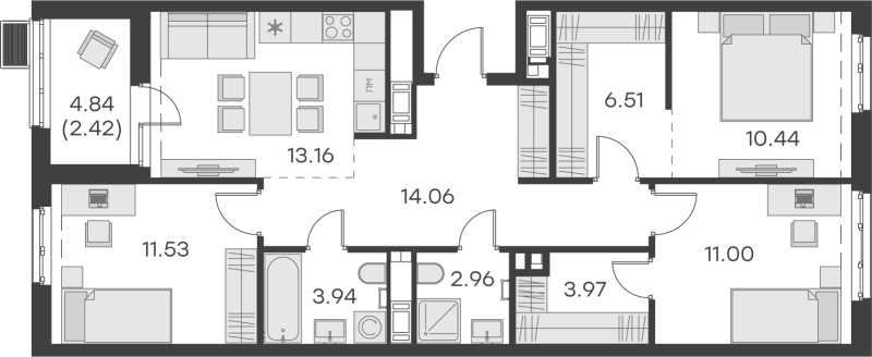 3-комнатная квартира, 79.99 м² - планировка, фото №1