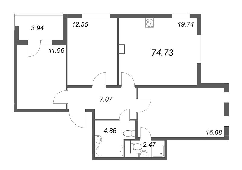 4-комнатная (Евро) квартира, 74.73 м² в ЖК "Любоград" - планировка, фото №1