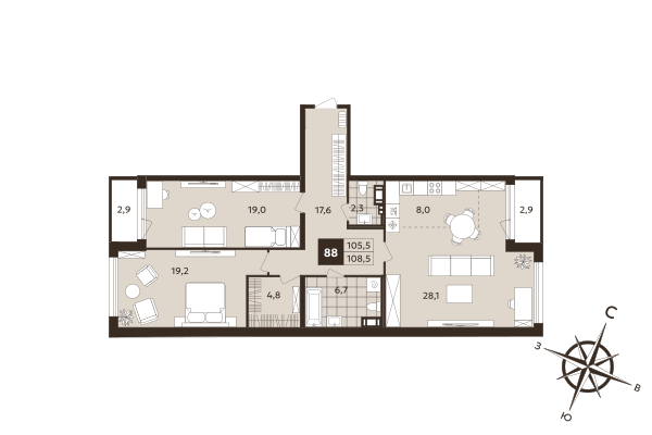 3-комнатная (Евро) квартира, 105.5 м² в ЖК "Дом на Бронницкой" - планировка, фото №1