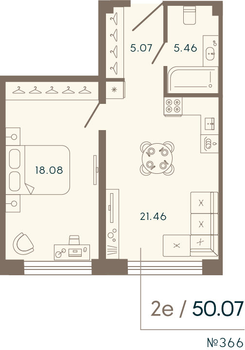 2-комнатная (Евро) квартира, 50.07 м² в ЖК "17/33 Петровский остров" - планировка, фото №1