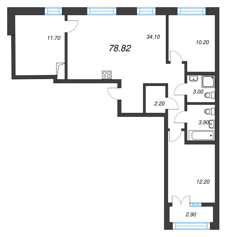 3-комнатная квартира, 78.82 м² в ЖК "NewПитер 2.0" - планировка, фото №1