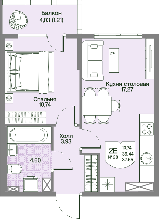2-комнатная (Евро) квартира, 37.65 м² в ЖК "Охтинские высоты" - планировка, фото №1