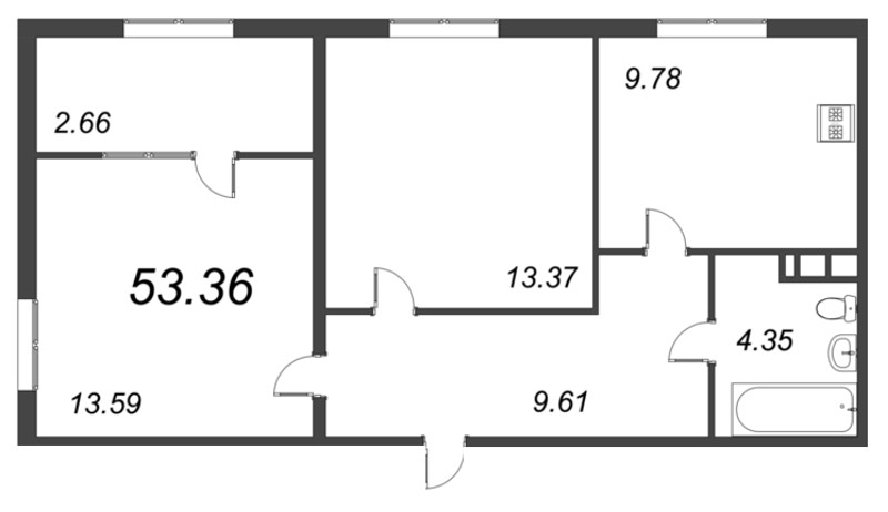 2-комнатная квартира, 53.36 м² - планировка, фото №1