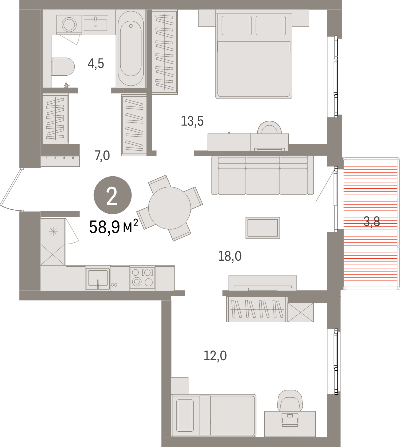 3-комнатная (Евро) квартира, 58.9 м² в ЖК "Брусника в Новоселье" - планировка, фото №1