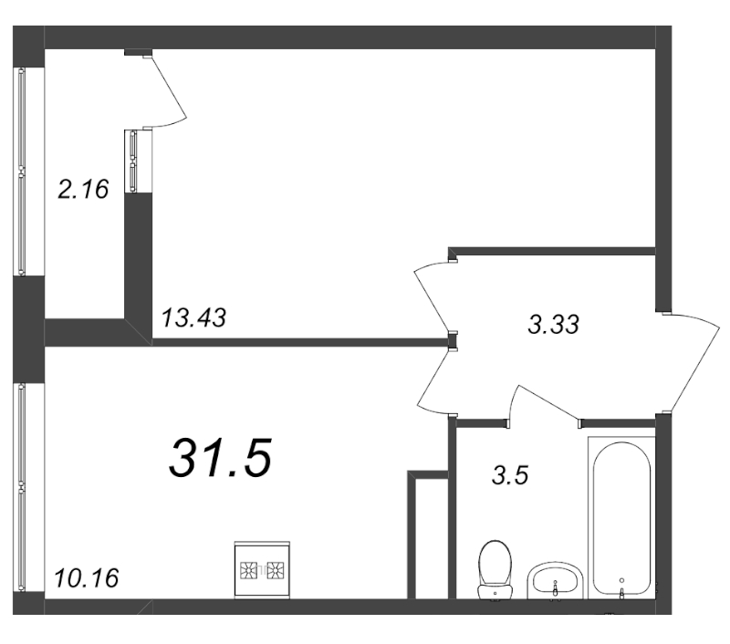 1-комнатная квартира, 31.5 м² - планировка, фото №1