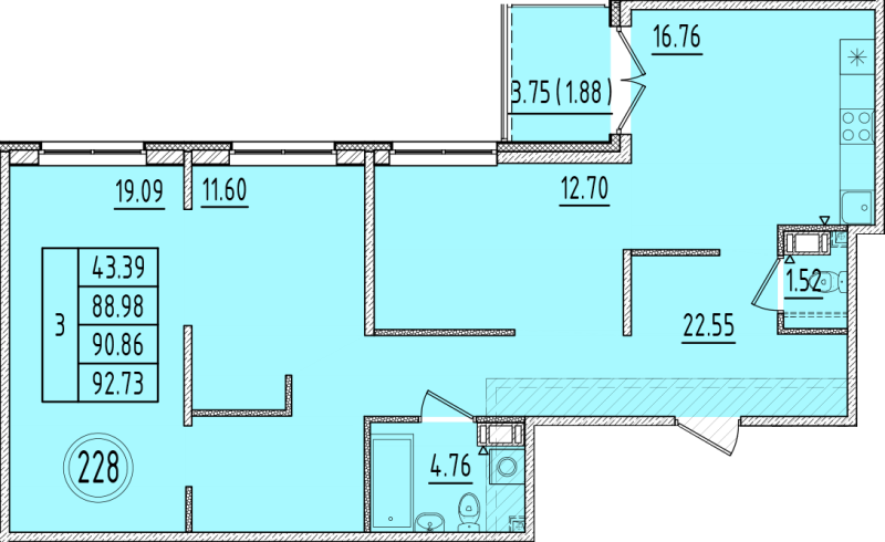 4-комнатная (Евро) квартира, 88.98 м² в ЖК "Образцовый квартал 6.4" - планировка, фото №1