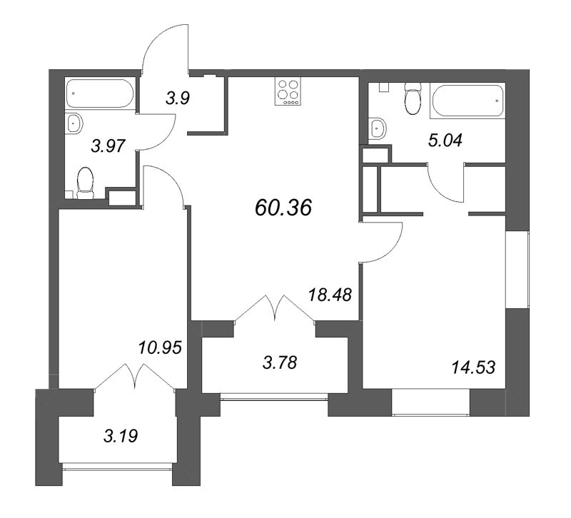 3-комнатная (Евро) квартира, 60.36 м² - планировка, фото №1