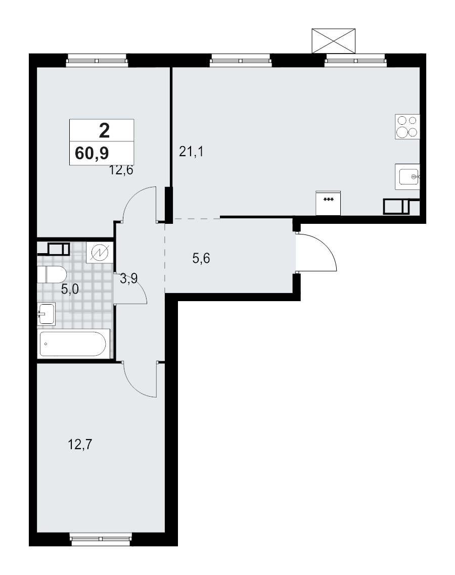 3-комнатная (Евро) квартира, 60.92 м² в ЖК "А101 Лаголово" - планировка, фото №1