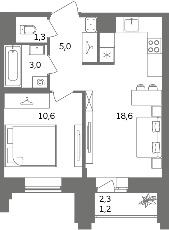 2-комнатная (Евро) квартира, 39.7 м² в ЖК "Антверпен" - планировка, фото №1