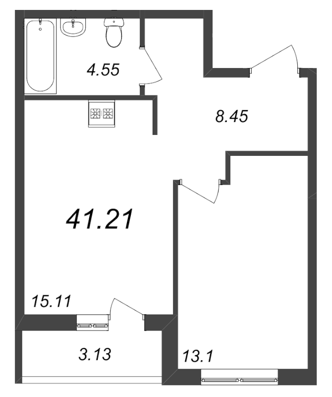 2-комнатная (Евро) квартира, 41.21 м² - планировка, фото №1